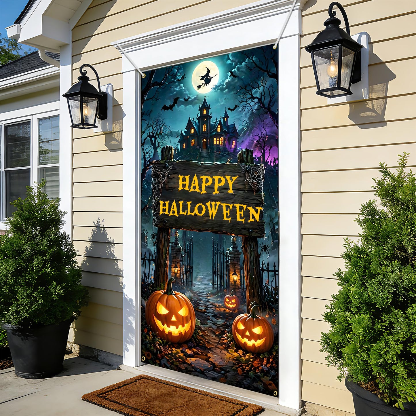 NYZE Happy Halloween Front Door Cover Banner, 35.4 x 70.8 Inch Pumpkin Vertical Hanging Door Backdrop, Indoor Outdoor Halloween Party Photography Decorations