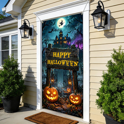 NYZE Happy Halloween Front Door Cover Banner, 35.4 x 70.8 Inch Pumpkin Vertical Hanging Door Backdrop, Indoor Outdoor Halloween Party Photography Decorations