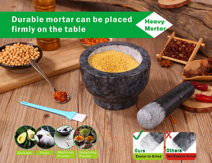Aisiming Mortar and Pestle Set Polished Natural Marble Guacamole Molcajete Bowl, Spices Grinder with Silicone Pad, Stainless Steel Spoon and Brush, 300ml Capacity Crusher(Medium, Dark Gray)