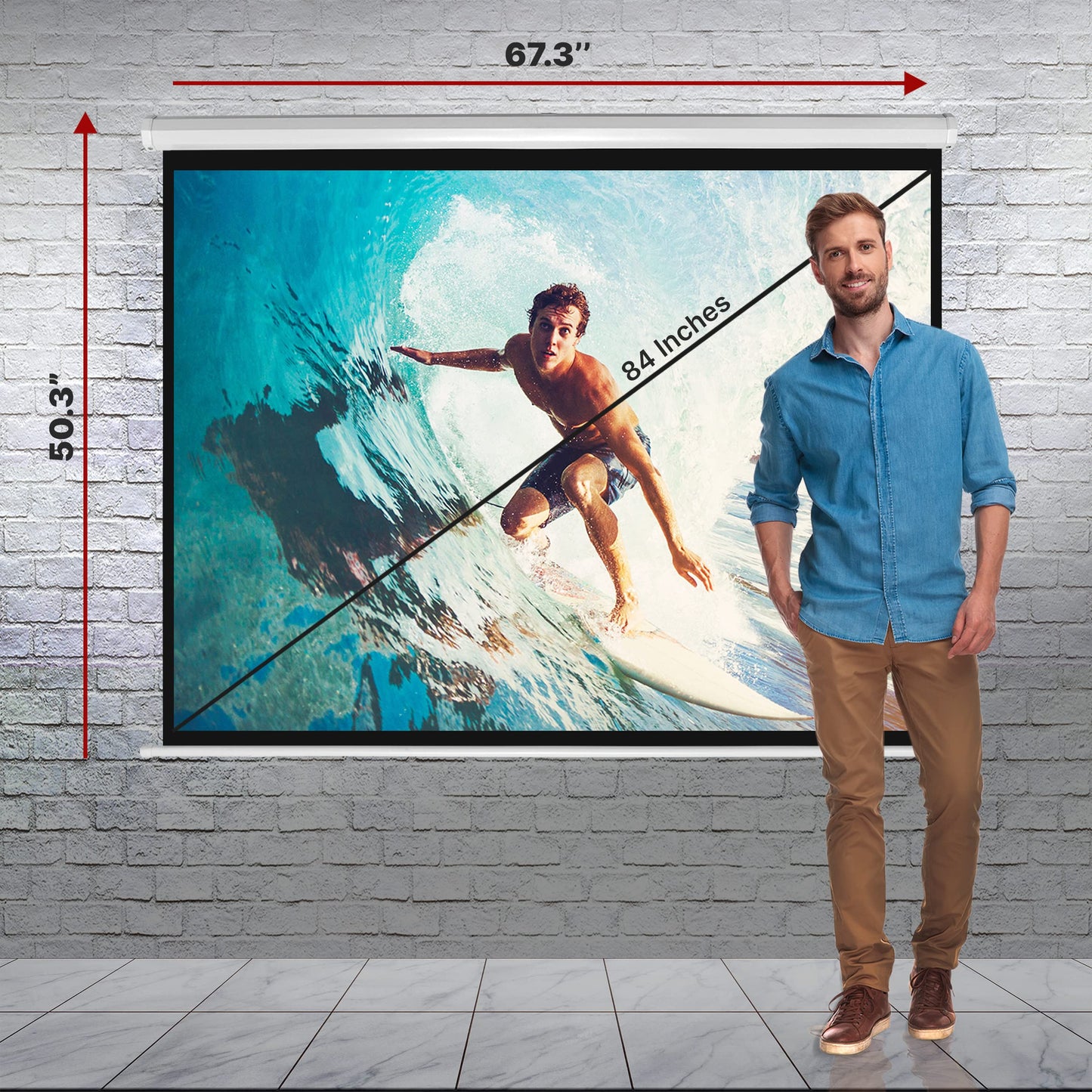 Pyle 84-Inch Pull Down Projector Screen – Manual Roll-Down Matte White Viewing Surface, Auto-Locking Height Adjustment, Wall or Ceiling Mount Design for Home Theater, Office & Classroom Use