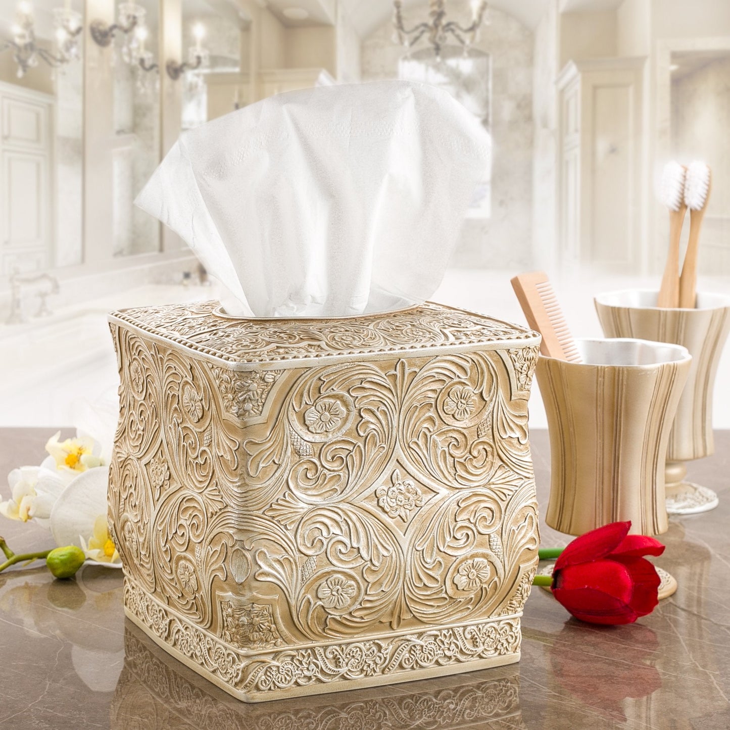 Creative Scents Victoria Tissue Box Cover Square – Beige Tissue Holder for Bathroom - Decorative Tissue Box Holder with Durable Bottom Slider - Boho Bathroom Decor