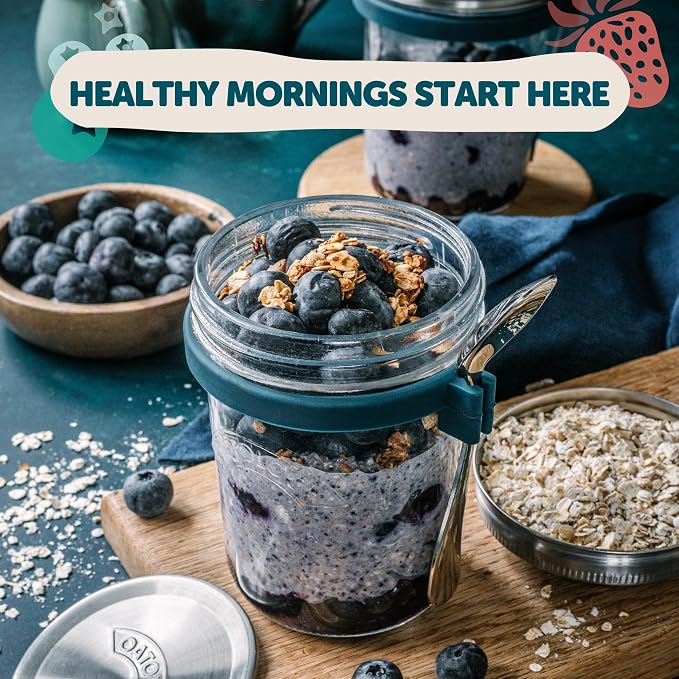 Overnight Oats Jar with Spoon & Stainless Steel Lid - 16oz Leakproof Glass Oatmeal Container for Meal Prep & Yogurt - Easy to Clean Breakfast Cup with Measurement Markings On-the-Go - 1 Pack