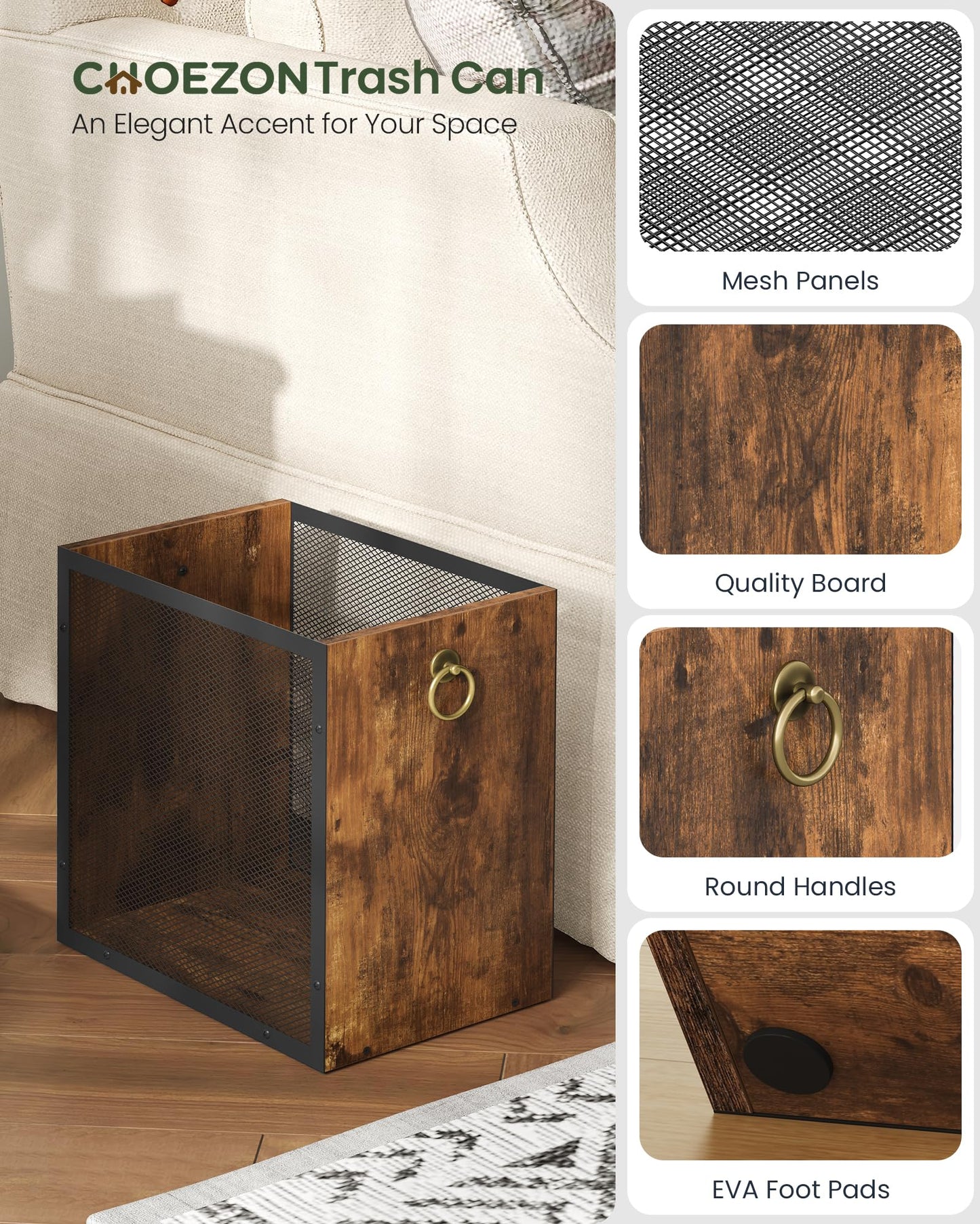 CHOEZON Waste Basket, 4.5 Gallon Rectangular Garbage Container, Trash Can, Trash Bin, for Bedroom, Office, Bathroom, Kitchen, Waste Rustic Brown and Black TCW33BF