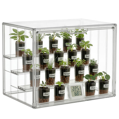 HBlife Mini Greenhouse for Indoor, Clear Stackable Green House with Magnetic Door & Adjustable Drainage Dividers, Tabletop Portable Greenhouse for Small Plants Nursery Germination and Display, 1 Pack