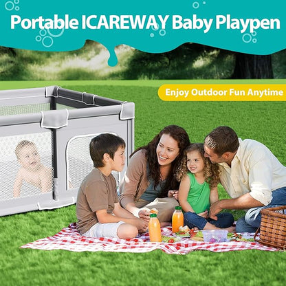 ICAREWAY Foldable Playpen for Babies and Toddlers, 50x50 Inches Portable Playpen, Kids Collapsible Play Pen with 2 Handlers, Indoor & Outdoor Baby Fence Play Area with Visible Mesh, Light Green
