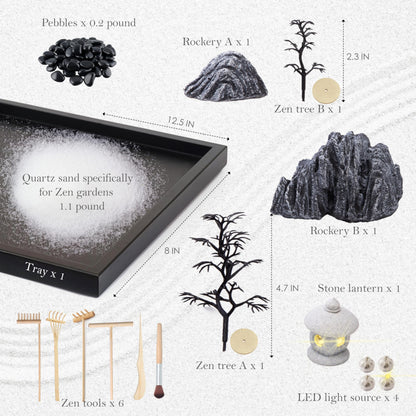 Cularve Illuminated Zen Garden for Desk, Sand Tray Therapy Kit with Glowing Stone Lantern, Japanese Zen Garden Kit, Stress Relief Gifts, Desk Decoration.