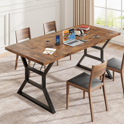 Industrial 71'' Farmhouse Dining Table for 6-8 People - Rustic Distressed Wood Kitchen Table with Black Metal Geometric Base Legs, Large Rectangular Conference Desk for Living Room, Home Office