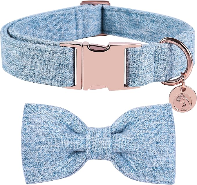 DOGWONG Hemp Cotton Dog Collar with Bow, Blue Pet Collar Durable Adjustable Puppy Collar for Medium Dogs