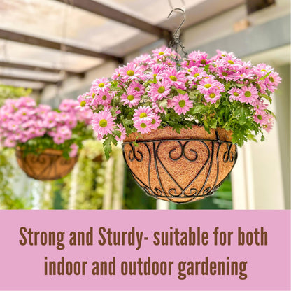 LaLaGreen Bundle- 4 Pack, 12 Inch White Geometric Self Watering Pot + 2 Pack,12 Inch Metal Wire Hanging Basket with Coco Liner Flower Plant Holder Hanger Balcony Patio Deck Modern Stylish Garden Decor