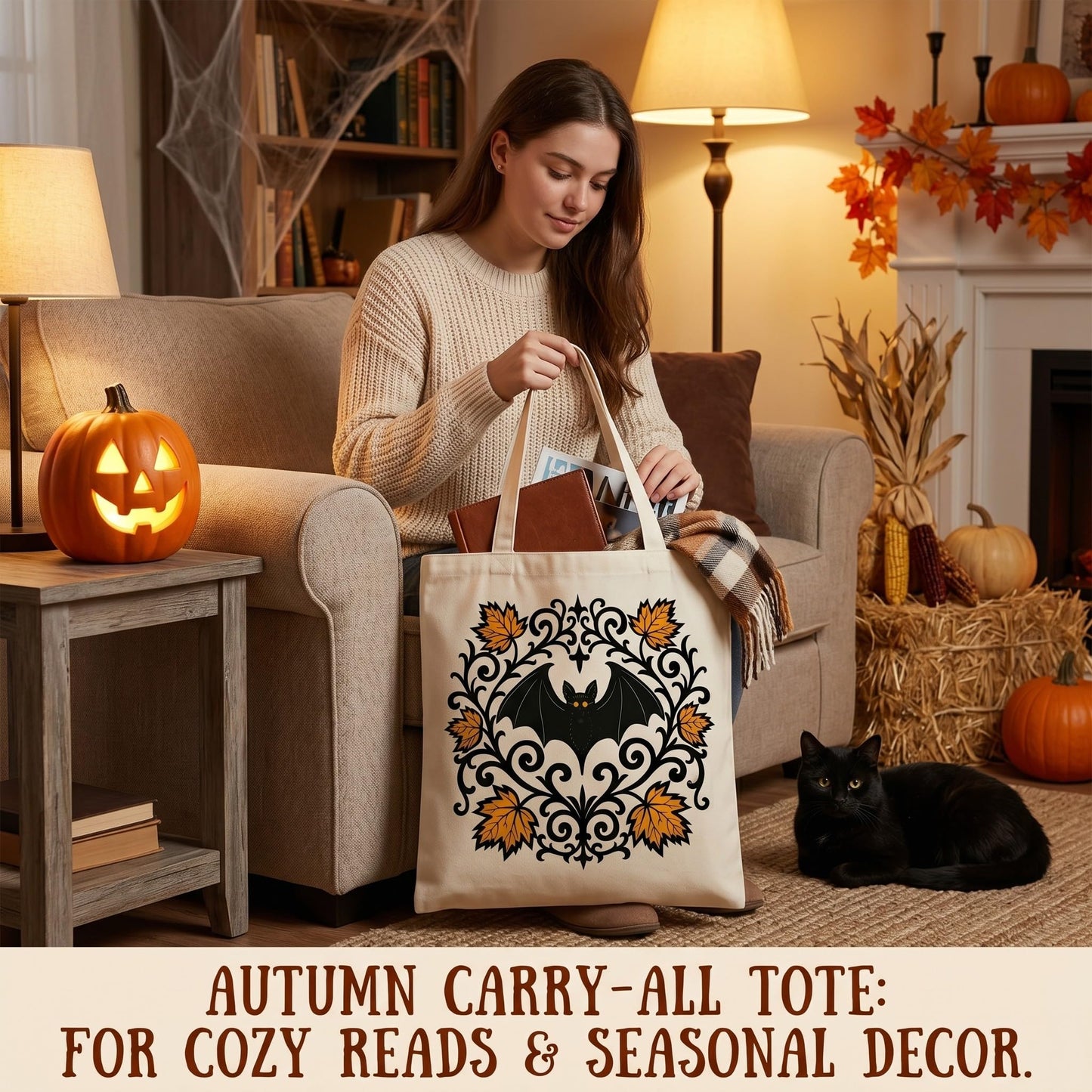 2 Pack Vintage Fall Halloween Canvas Tote Bags,Retro Gothic Ghost Witch Pumpkin Bat&Autumn Maple Leaf,Reusable Carryall Bags for Trick-or-Treat,Fall Harvest&Thanksgiving Gifting (Bat&Pumpkin)