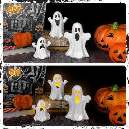 Aneco Ceramic Ghost Light Up Decor Halloween Ghost Decor 3 Ceramic Ghosts Figurines with Remote Control, 3 Tea Lights Spooky Ghosts Sculpture for Halloween Home Table Decorations