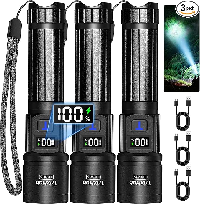 TrixHub Rechargeable Flashlights 3 Pack, Super Bright High Lumens Flash Light, 5 Modes Zoomable Linternas with LCD Digital Display, Powerful Handheld LED Flashlights for Home Emergencies Camping