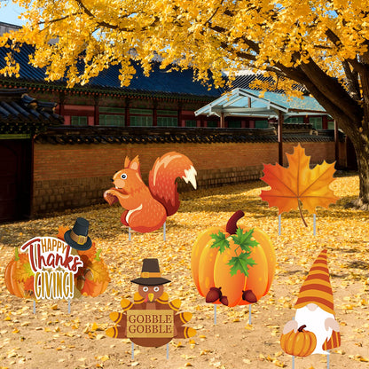 Thanksgiving Yard Signs Stakes - 6PCS Fall Outdoor Decorations - Maple, Squirrel, Turkey, Gnome, Pumpkin Corrugated Lawn Signs for Outside