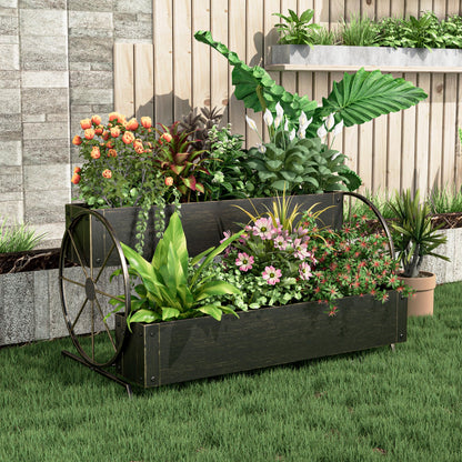Athuiline Metal Wagon Planter Box, 2-Tier Outdoor Planter Raised Garden Beds with Wheels, Decorative Planter Boxes for Flowers Herbs Vegetables, Small Flower Cart for Patio, Balcony (Retro Gold)