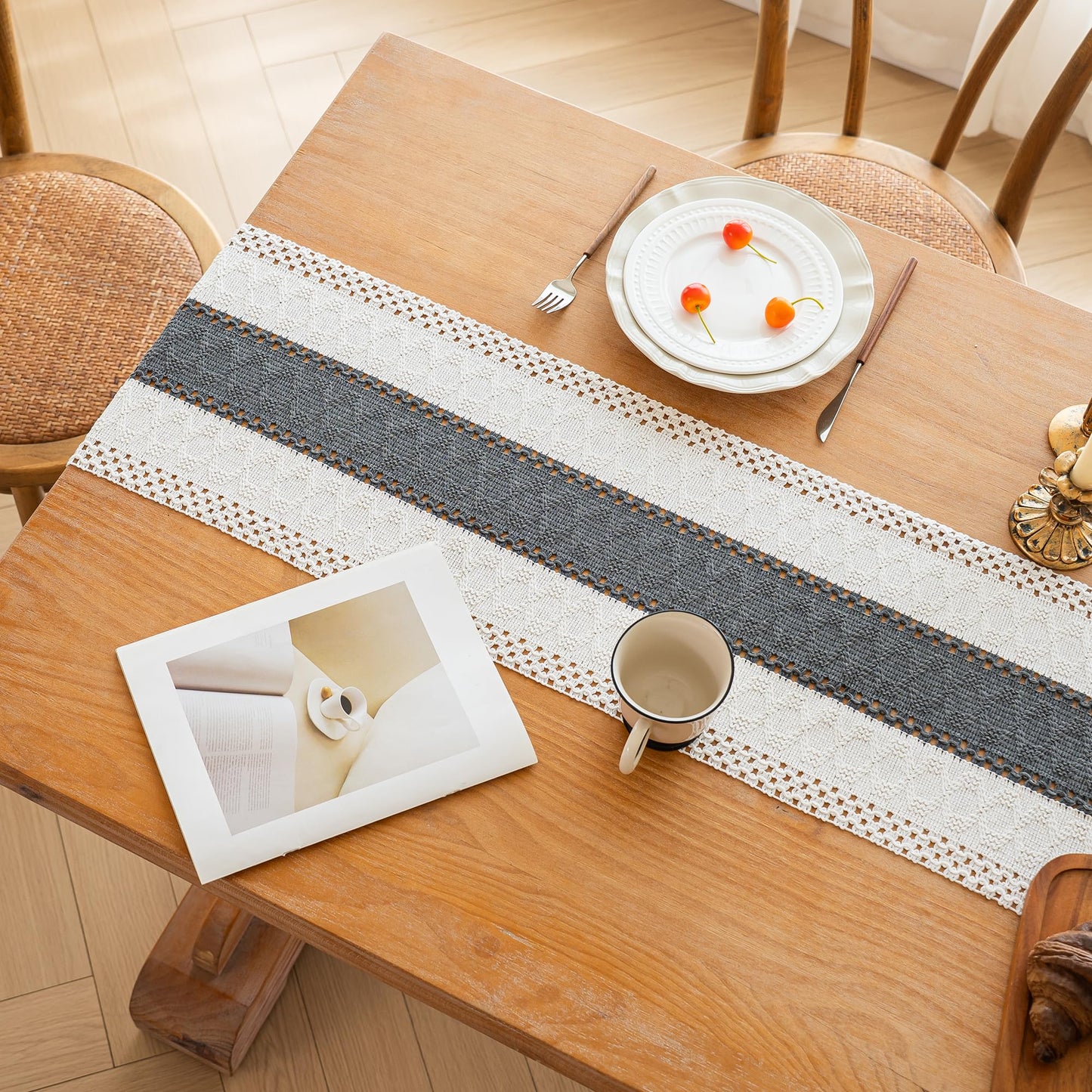 FEXIA Boho Table Runner for Summer Home Decor with Tassels 72 Inches Long Farmhouse Grey Rustic Burlap Table Runner Macrame Table Decoration for Kitchen Bedroom Living Room (12x72 Inches)