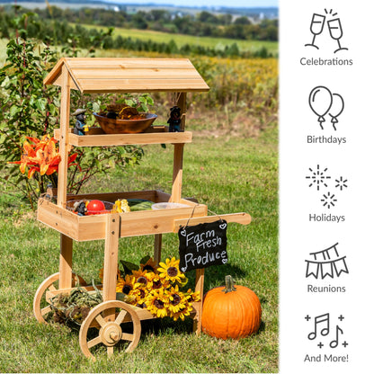 Sunnydaze Country Market Flower Cart Display Stand with Wheels - 2 Shelves - Fir Wood - 30 lb Weight Capacity - Natural Fir
