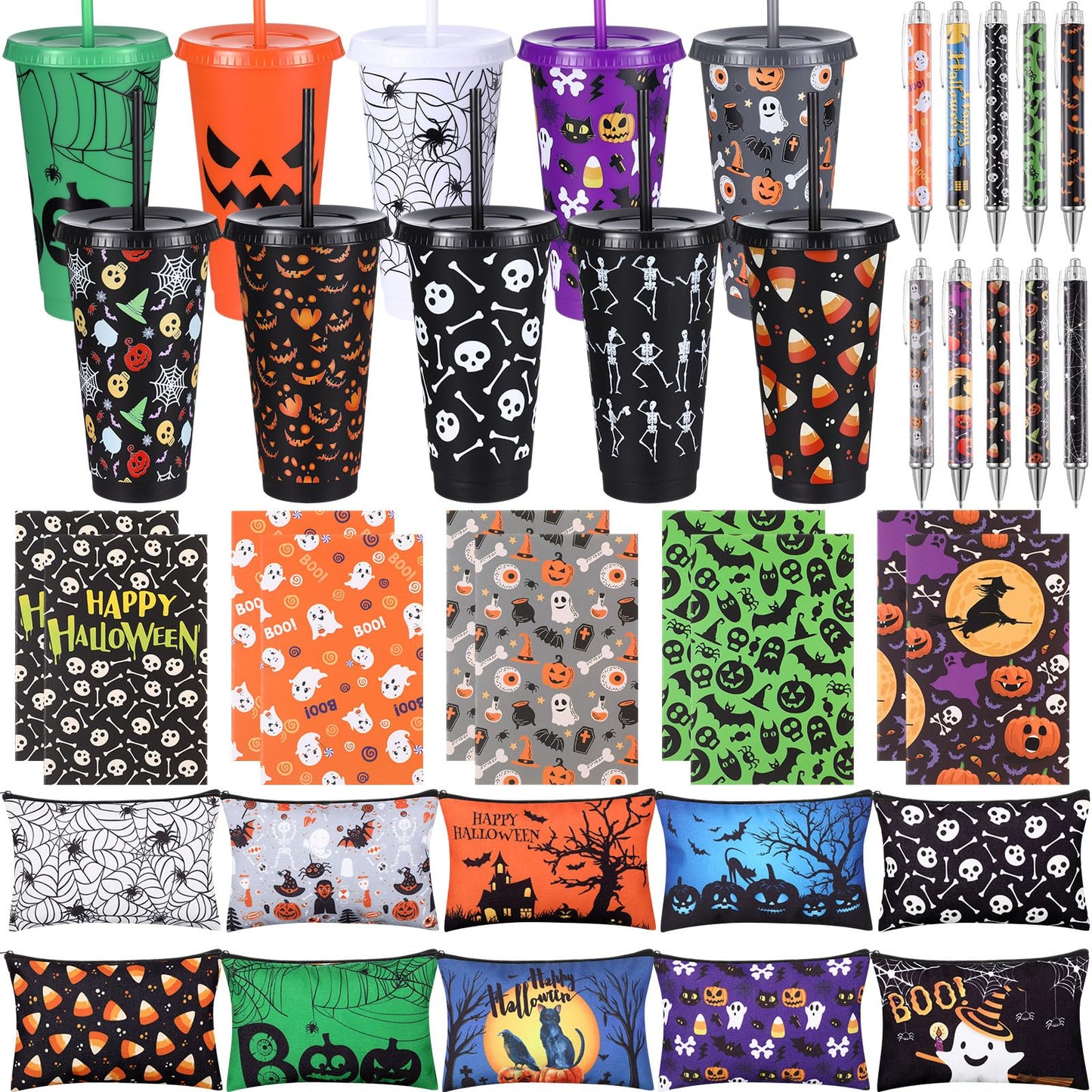Mimorou 40 Pcs Halloween Party Favors Supplies 10 Sets Gifts Includes 24 oz Spider Skull Tumbler with Lid and Straw Cosmetic Bags Notepads Ballpoint Pens for Halloween Party Favors