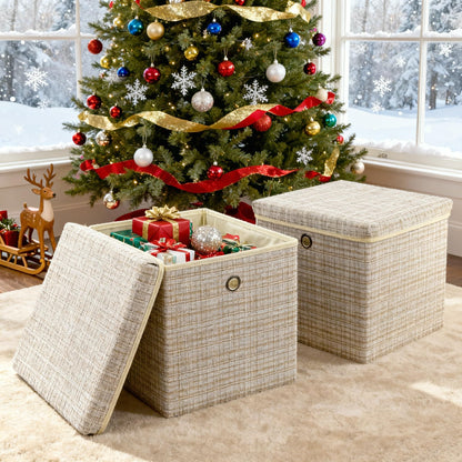 modscape 2-Pack 12"x12" Fabric Storage Bins with Lids, Collapsible Storage Bins for Clothes Toys, Sturdy Storage Cube for Bedroom Closet Shelves Home Organization (Shining Beige, 2)
