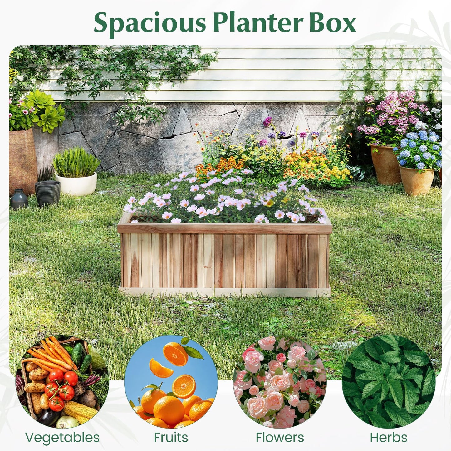 Giantex Acacia Wood Raised Garden Bed, Rectangular Planter Box w/Drainage Gaps, Floor Standing Window Mount for Flower Vegetable Herb Fruit, Outdoor Plant Container for Backyard, Lawn, 36"x12"x12"