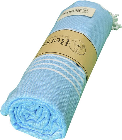 Bersuse Towels Anatolia XL Beach Blanket Throw Blanket Turkish Towel 100% Cotton Extra-Large Quick-Dry Lightweight Premium Peshtemal Towel - 61x82 Inches, Blue (Set of 6)