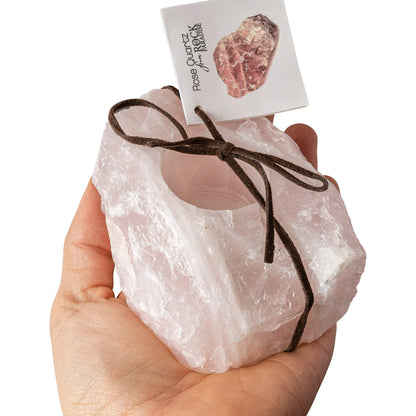 Rock Paradise Rose Quartz Rough Candle Holder – Natural Pink Crystal Tealight Holder for Home Decor – Hand Cut in Brazil – Includes Certificate of Authenticity