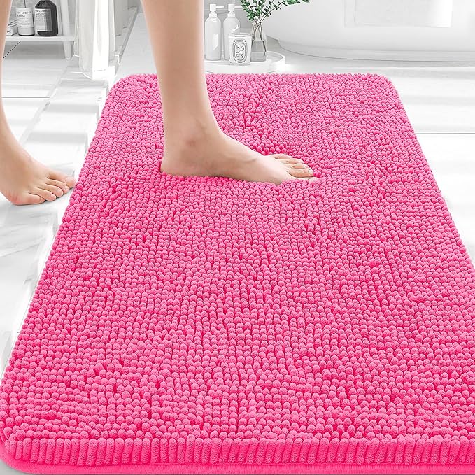 OLANLY Bathroom Rugs 35x24, Extra Soft Absorbent Chenille Bath Rugs, Rubber Backing Quick Dry, Machine Washable Bath Mats for Bathroom Floor, Tub and Shower, Home Decor Accessories, Hot Pink