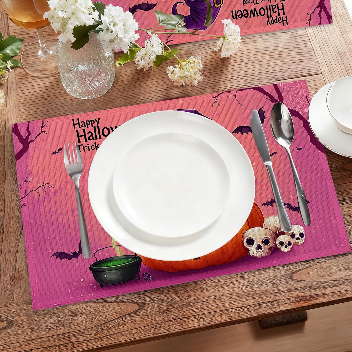 Black Cat Table Placemats Set of 6,Non-Slip Halloween Pumpkin Fabric Placemats for Dining Room Kitchen Party Holiday, Indoor Cloth Table Mats for Home Decor 11.8x17.7 Inch