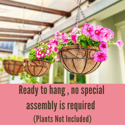 LaLaGreen Hanging Planter for Outdoor Plants (14 Inch, 2 Pack) Black Hanging Baskets with Coco Liner, Metal Wire Flower Basket Pots with Hook Hanger Balcony Porch Farmhouse Country Style Garden Decor