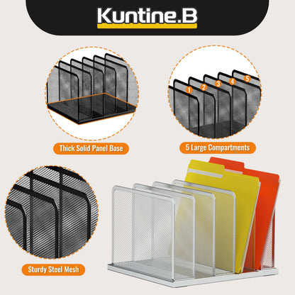 Kuntine.B Desk File Organizer Upright Mesh Desktop Organizer File Sorter Office Organization File Holder for Home, Office & Classroom (Silver, 1 Pack 5-Section)