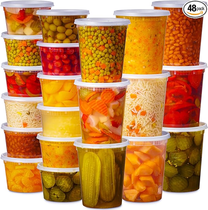 48 Pack Plastic Deli Containers with Lids (16, 32 oz 24 Each) - Food Storage Containers with Lids - Clear Disposable Meal Prep Containers, BPA Free, Stackable, Leakproof, Microwave and Freezer Safe