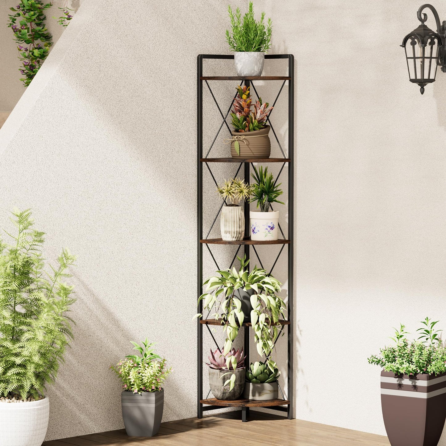 Cerlyunzan 5 Tier Corner Shelf Stand, 64" H Tall Industrial Corner Bookshelf for Living Room Decor, Metal Corner Shelf, Plant Stand Display Shelf for Bedroom, Bathroom, Small Space, Rustic Brown