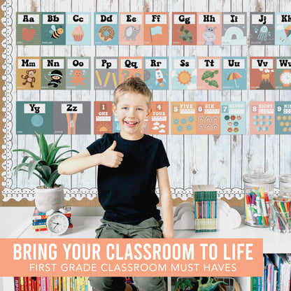 Hadley Designs Alphabet for Classroom Wall Decor - ABC Posters for Classroom Wall Chart Preschool & Kindergarten, ABC Letters & Number Line Elementary, Alphabet Cards, Retro Classroom Decor