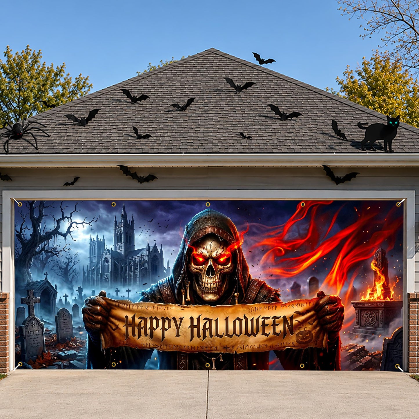Halloween Garage Door Banner 13x6 FT Outdoor Decoration, Large Spooky Yard Decor Backdrop, Weatherproof Easy Install for Halloween Party (Funny Witch Cat Door Scene, 6 x 13 ft)