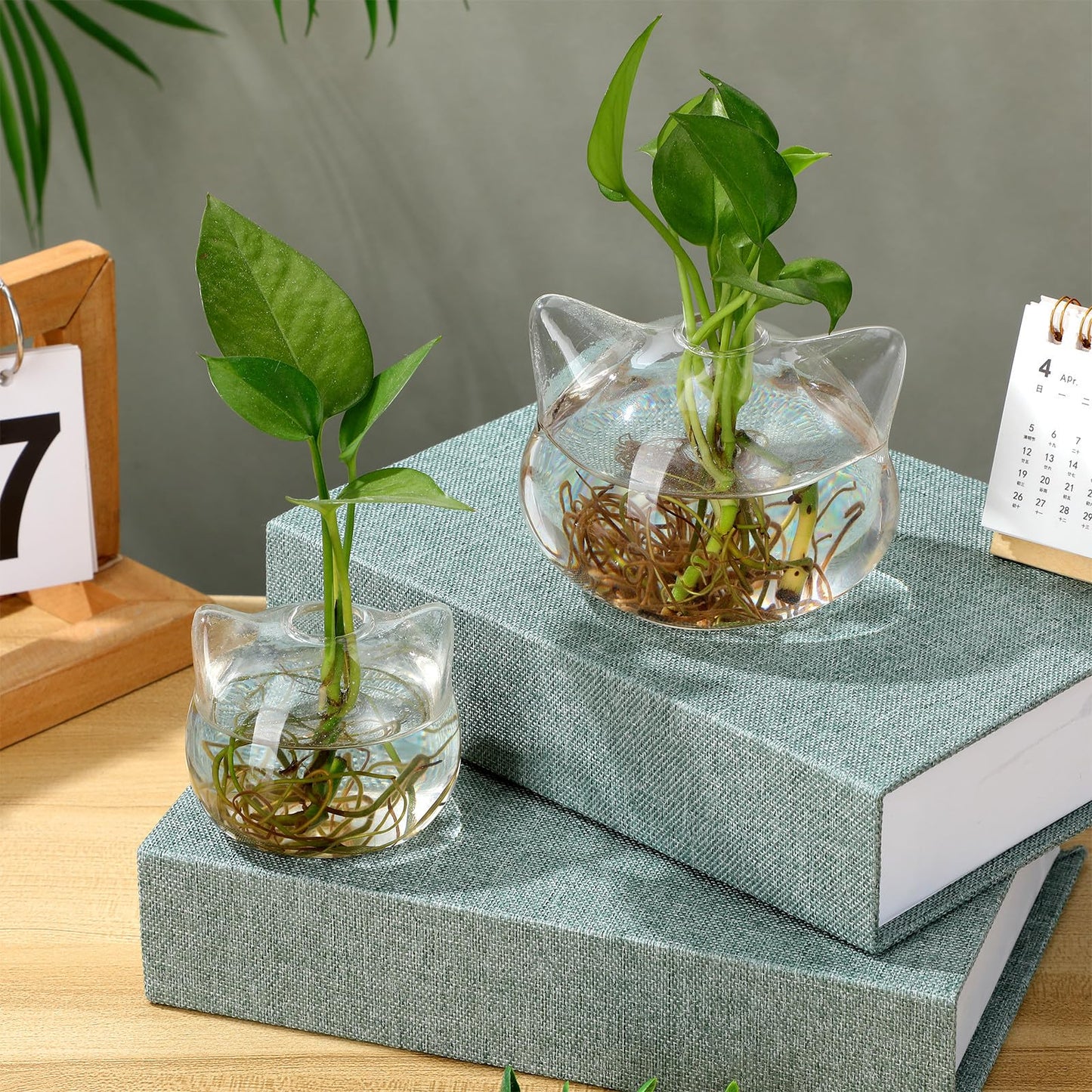 LOEFLIFA 2pcs Cat Shape Glass Hydroponic Vase Set, Small Portable Green Plant Terrarium Vases for Desktop Home Office Décor