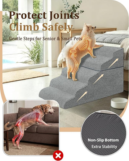 Dog Stairs for Bed, 22.8" H 5-Step Dog Steps for High Bed & Car, Non-Slip Stable Pet Stairs for Small Dogs, Gentle Climb Design, Foldable Pet Steps that Double as Cozy Pet Bed for Resting