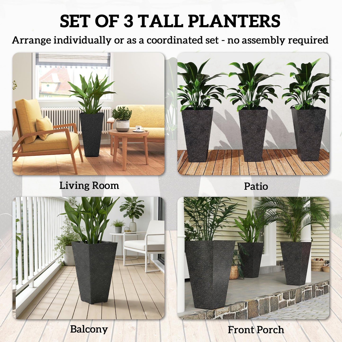 Outsunny 28 Inch Tall Planters for Outdoor Plants, Set of 3 Plastic Flower Pots with Marble Finish and Drainage Holes, Stackable Tapered Large Planters for Indoor Plants, Front Porch Decor, Black