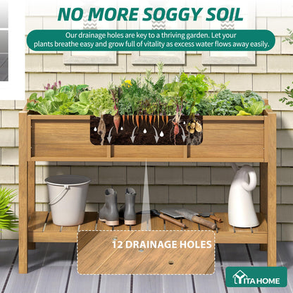 YITAHOME Raised Garden Bed Outdoor HDPE with Shelf, 48x18x30in Poly-Wood Weather-Resistant Elevated Planter Box with Legs for Vegetable Flower, Herb Garden Bed for Backyard Balcony Garden, Brown
