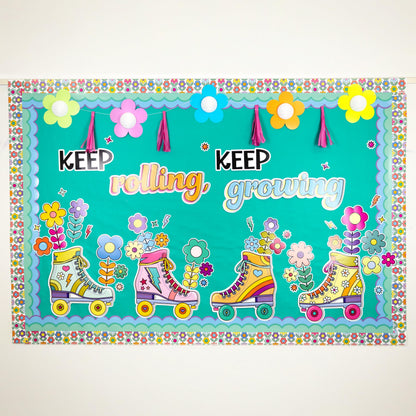 Happily Ever Elementary Retro Remix 103-Piece Motivational Bulletin Board Set, Roller Skates, Flowers, and More Groovy Bulletin Board Decorations for Classroom Decor
