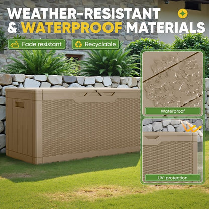 Greesum Outdoor Storage Box 100 Gallon Storage Bin with Lid for Patio Furniture, Garden Tools, Pool Supplies, Lockable, Waterproof and UV Resistant, Light Coffee