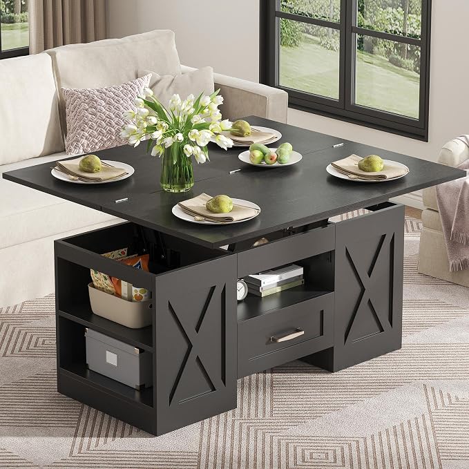 kepptory 39.4'' Lift Top Coffee Table with Storage, 4 in 1 Multi-Function Convertible Coffee Tables for Living Room, Farmhouse Coffee Table with Open Storage Compartment & Drawers (Black)