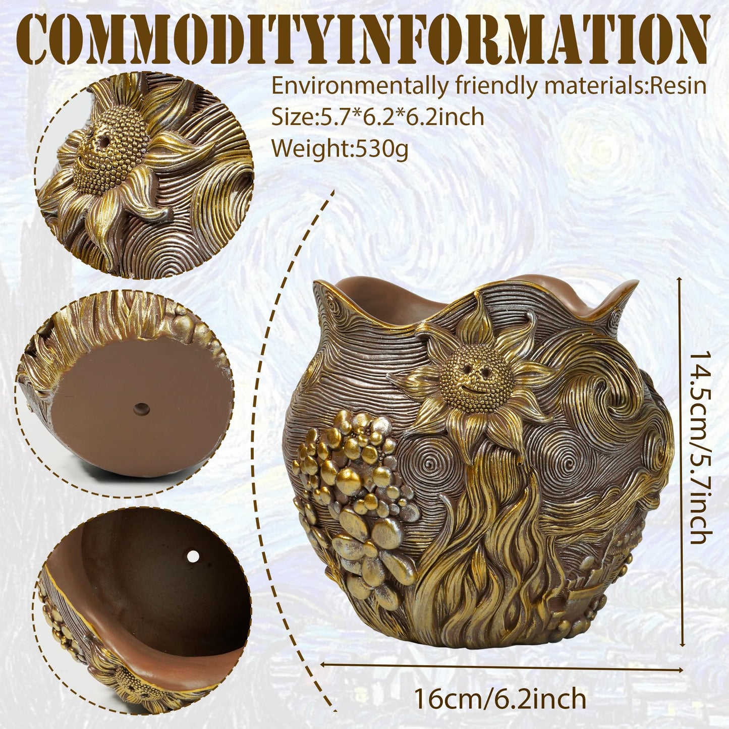 ArtCachet Sunflower Starry Sky Plant Pots-Cute Unique Flower Pots with Drainage Hole, Resin Planters for Indoor Outdoor Succulent Planter, Plant Gifts for Mother's Day, Birthday, Christmas (Gold)