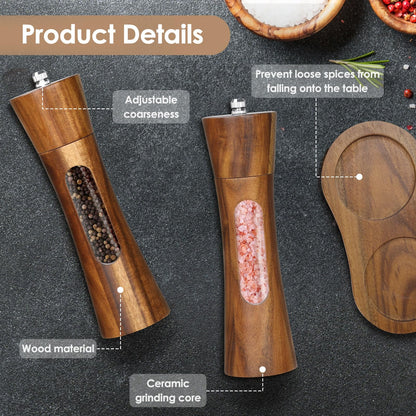 Foyucool 2 Pack Wooden Salt and Pepper Grinder Set, 8 inch Manual Salt and Pepper Mill with Brush and Spoon, Adjustable Coarseness, Refillable Pepper Grinder for Kitchen, Transparent