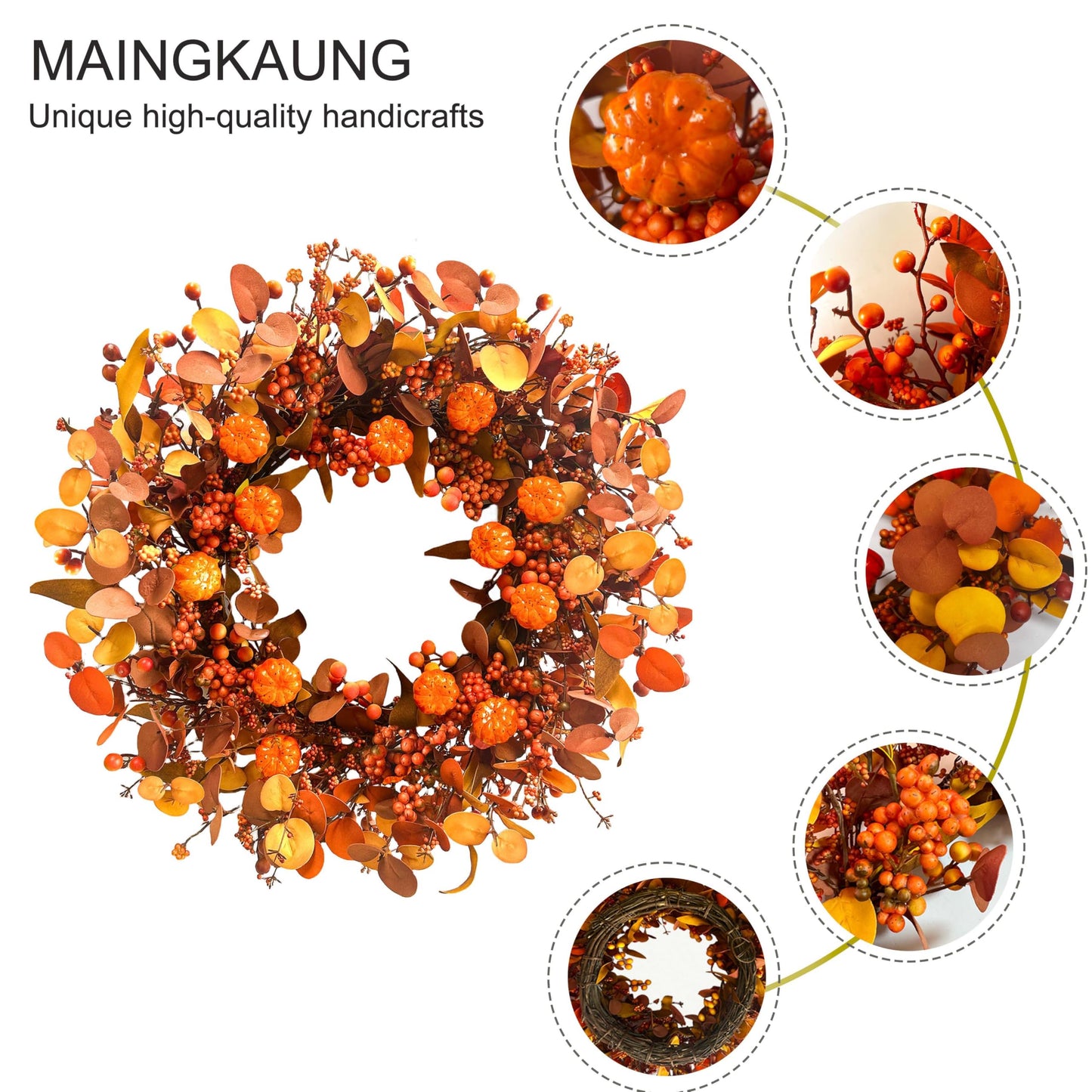 MAINGKAUNG Fall Wreath 22 Inch Fall Wreaths for Front Door Autumn Pumpkin Wreaths with Orange Eucalyptus Leaves and Berries for Indoor Outdoor Thanksgiving Harvest Festival Celebrations