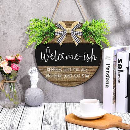 Jetec Welcome Sign for Front Door Hanging Wooden Plaque with Artificial Leaves Round Rustic Wood Farmhouse Wreath Porch for Housewarming Home Front Door Decor, 12 Inch(Classic Foliage,Retro Style)