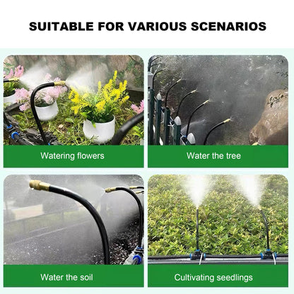 30FT 360° Mist Spray Drip Irrigation System - Garden Watering Kit with 10 Fine Mist Nozzles, Adjustable Atomizing Sprinkler for Greenhouse, Potted Plants, Raised Beds, Yard, 1/4 inch Hose