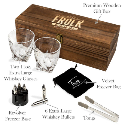 Whiskey Chillers Premium Gift Set By Frolk, Set of 6 Extra Large Stainless Steel Whiskey Stones, 2 Large Twisted Whiskey Glasses (11 oz), Freezer Base, Velvet Pouch & Tongs in Novelty Wooden Box