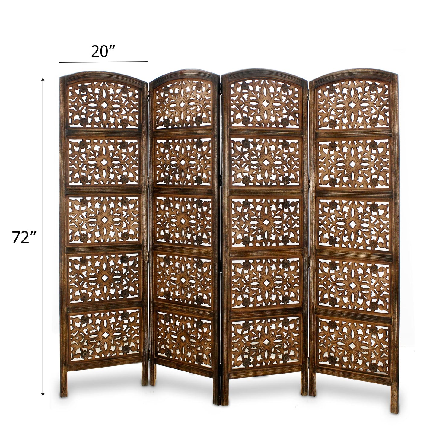 Room Divider Wood Screen - Rajasthan Antique Brown - 4 Panel Folding 72 x 80 - Intricate Hand Carved Decorative Functional Versatile Portable Partition Reversible Freestanding Privacy - COTTON CRAFT