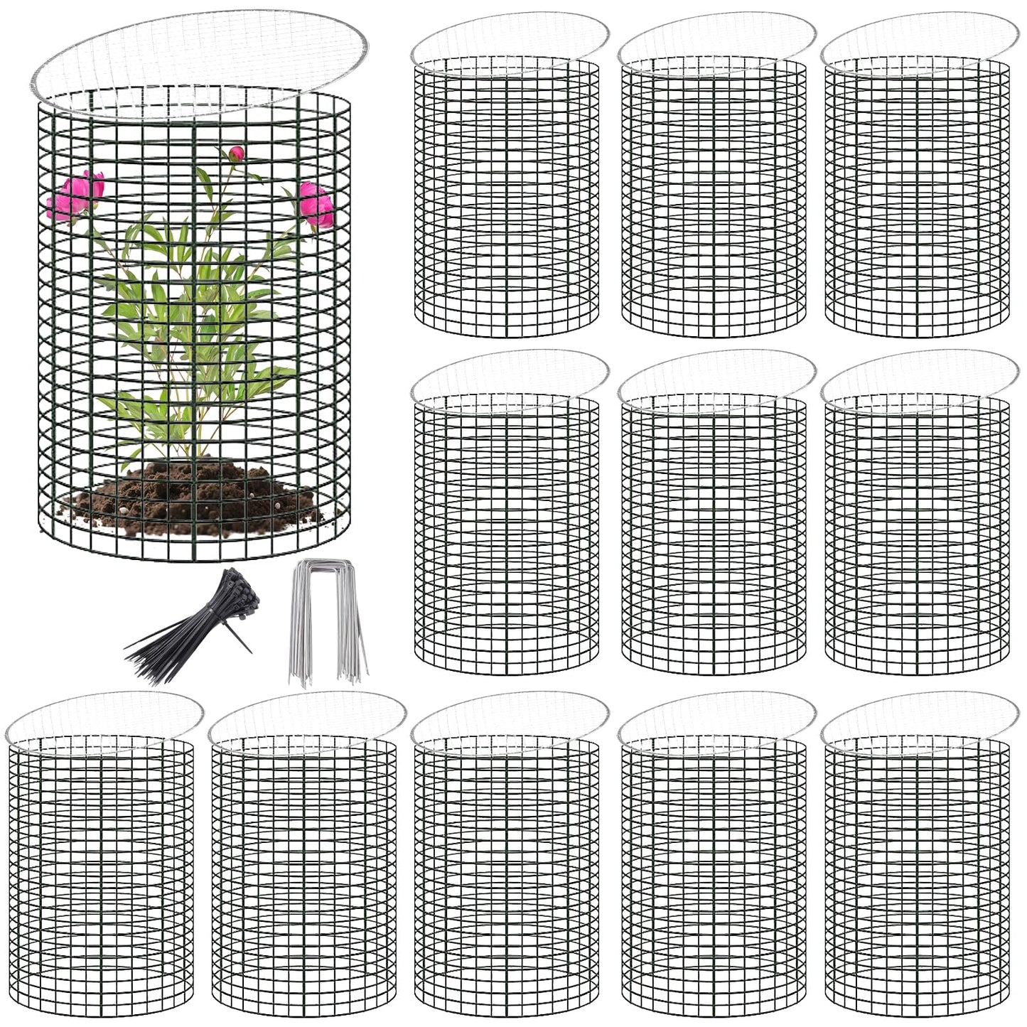 12 Sets of 16'' x 12'' Garden Plant Protectors from Animals With Detachable Covers ,36Pcs Metal Wire Protectors With Cover for Plants , Metal Plant Cage Chicken Wire Cloche with Stakes & Nylon Ties