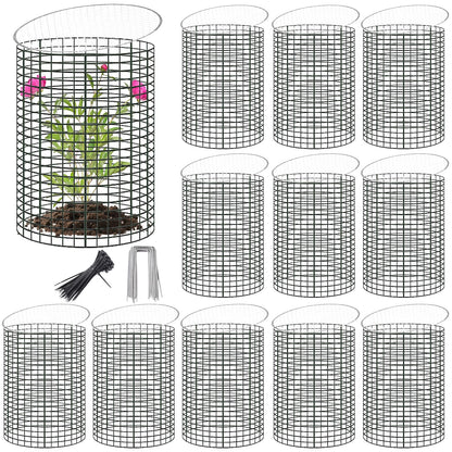 12 Sets of 16'' x 12'' Garden Plant Protectors from Animals With Detachable Covers ,36Pcs Metal Wire Protectors With Cover for Plants , Metal Plant Cage Chicken Wire Cloche with Stakes & Nylon Ties