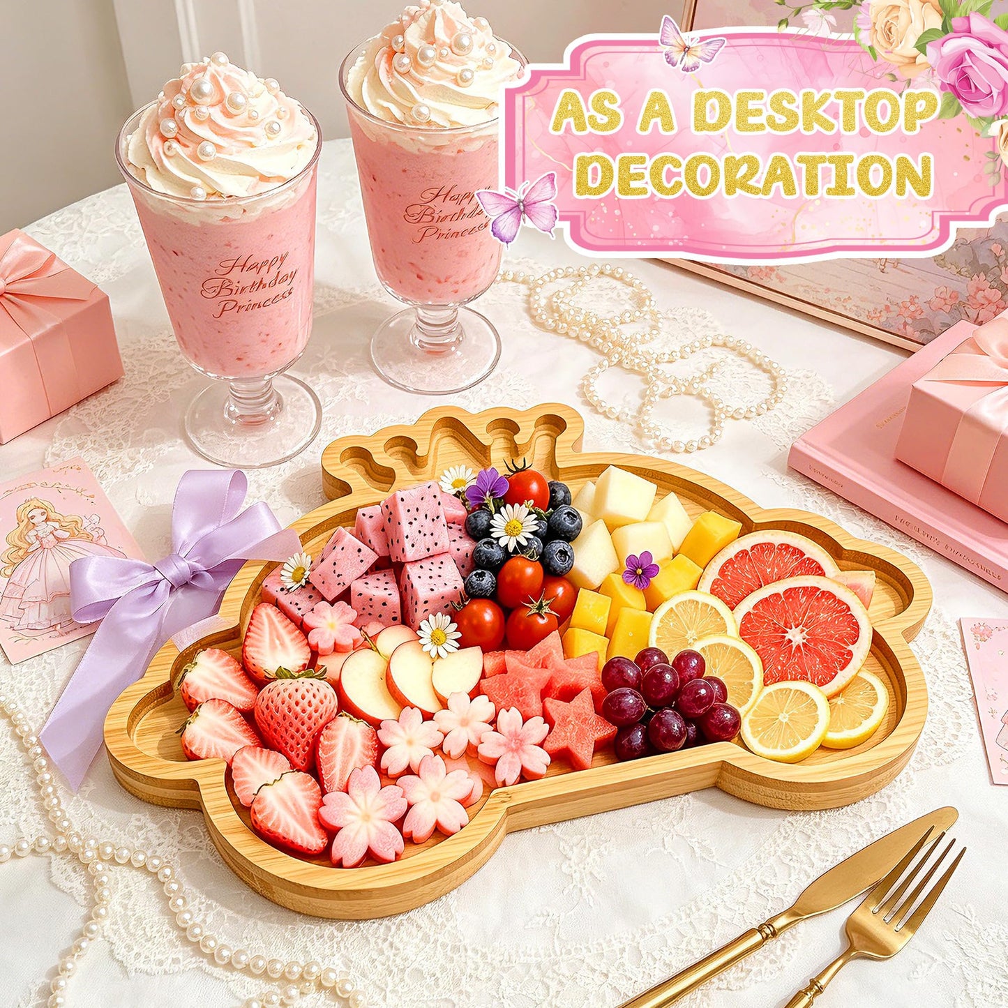 1 Pcs Princess Birthday Party Decorations Wooden Pumpkin Carriage Charcuterie Board Once Upon a Time Party Supplies Platter for Tabletop Reusable Food Trays for Sweet Baby Girls Birthday Party Favors